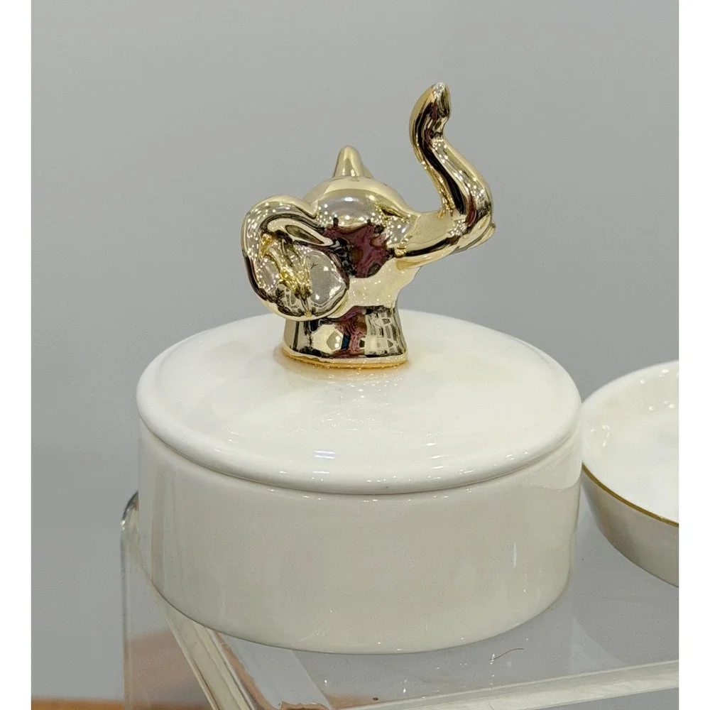 Elephant Jewelry Box and Trinket Dish Ring Holder White With Metallic Gold Set 2